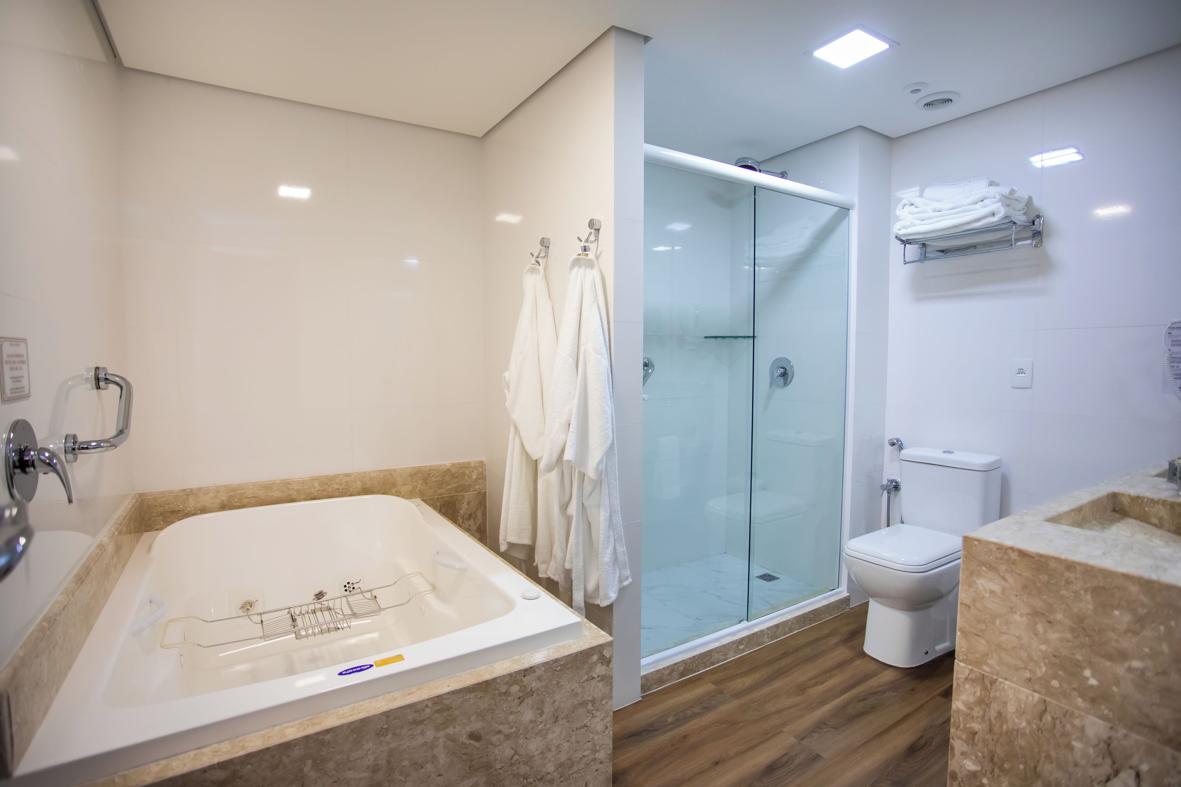 Um banheiro moderno com chuveiro em gabinete de vidro, uma banheira livre e um vaso sanitário.