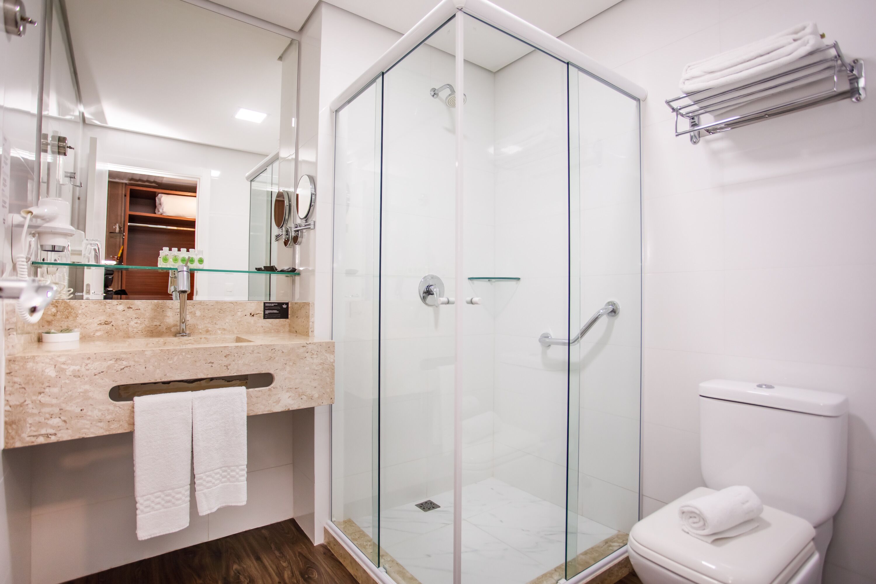 A modern bathroom with a glass-enclosed shower, a toilet, and a vanity with a mirror.