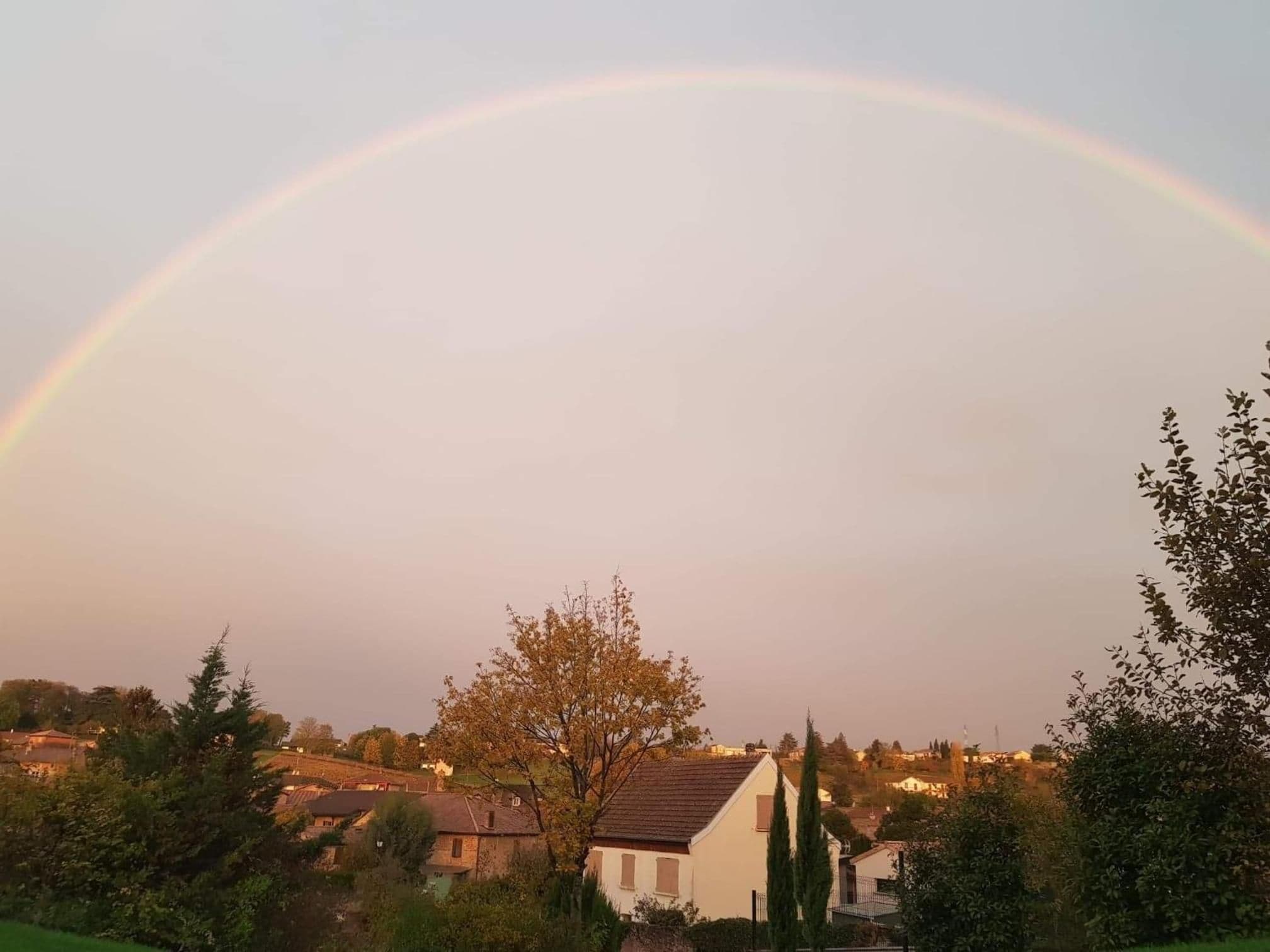 A residential area with houses and trees, a rainbow in the sky, and a clear horizon.