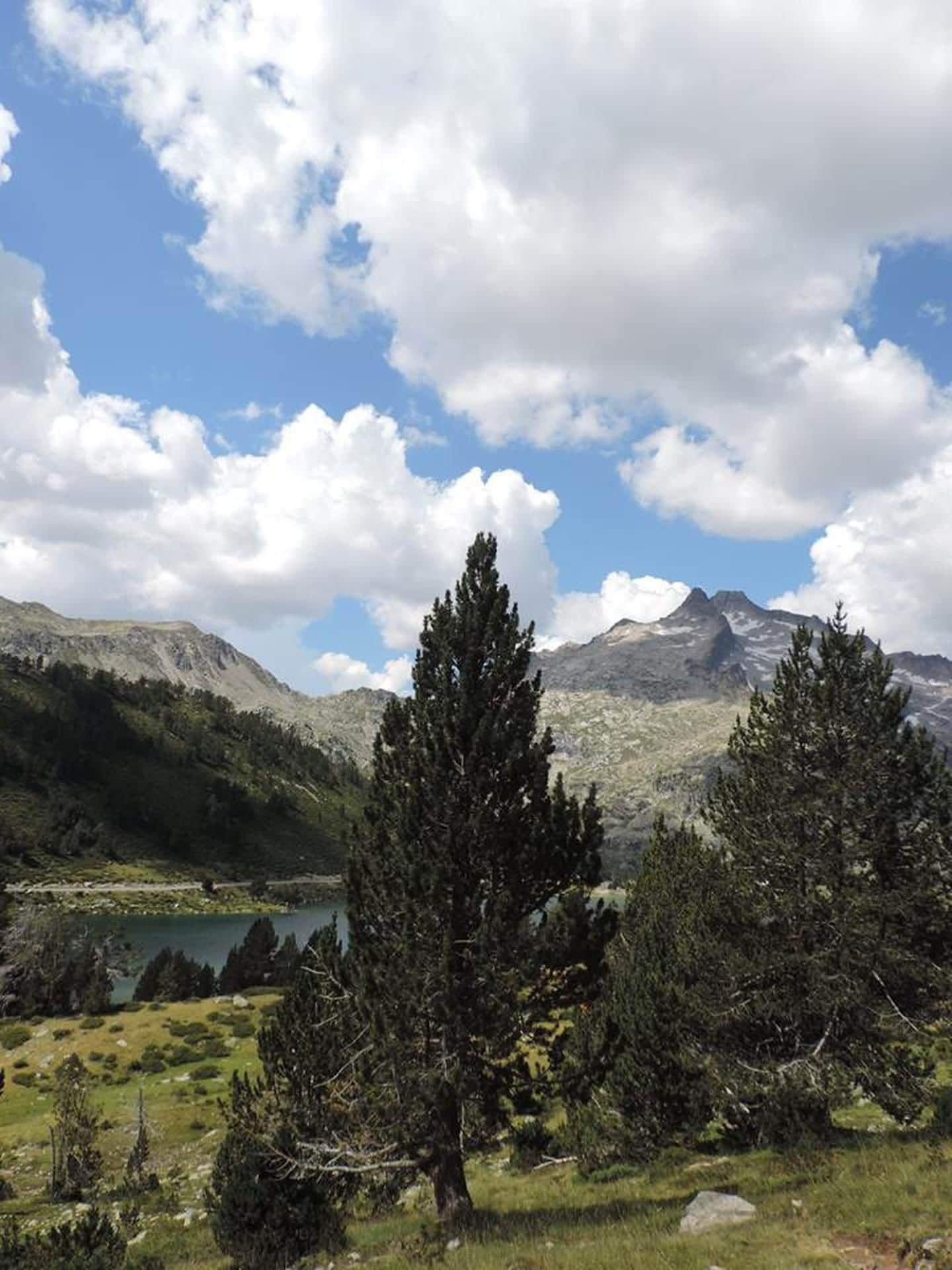 A mountainous landscape with a lake, trees, and a clear sky.