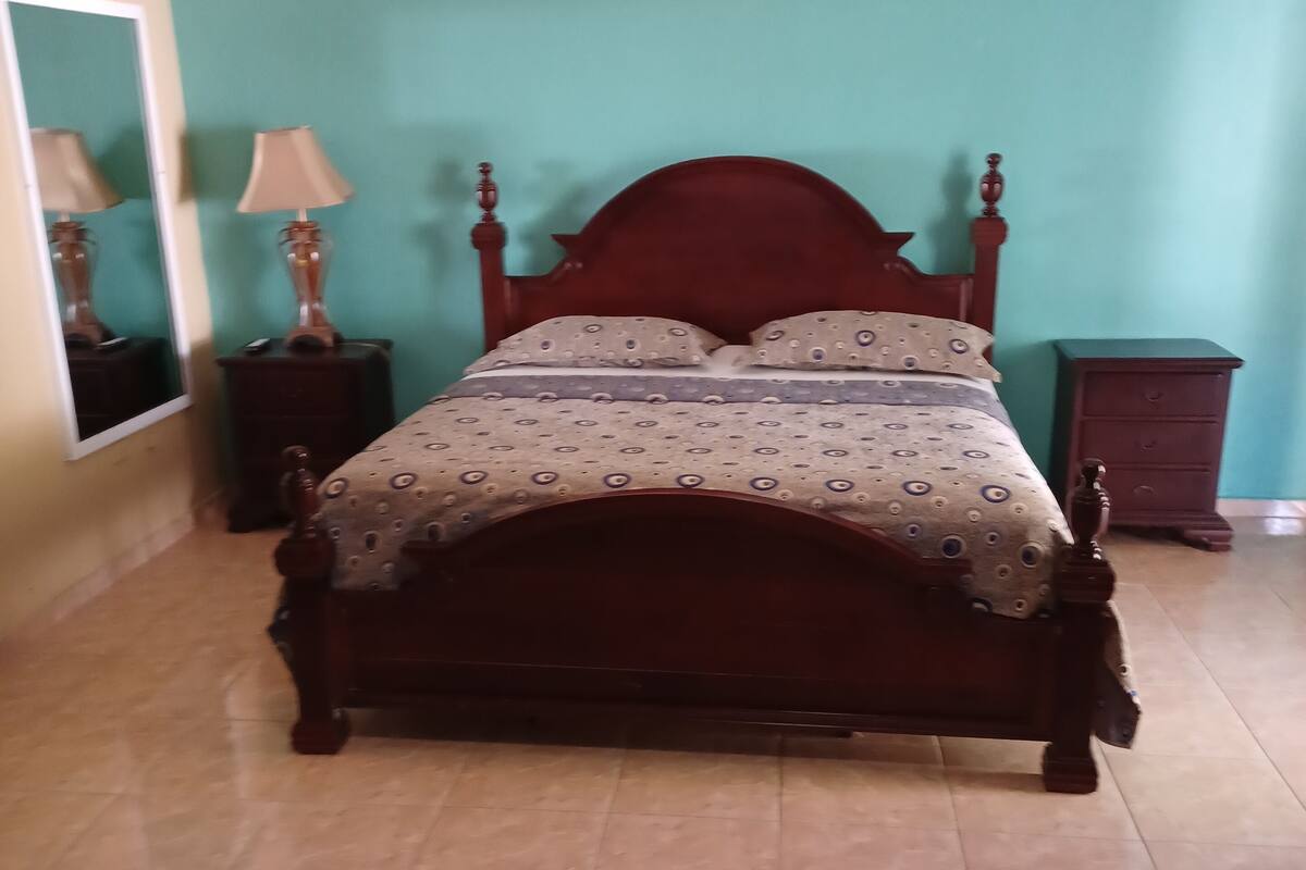 A bedroom with a wooden bed, a nightstand with a lamp, a dresser, and a ceiling fan.