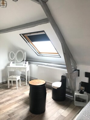 Desk, blackout drapes, soundproofing, iron/ironing board