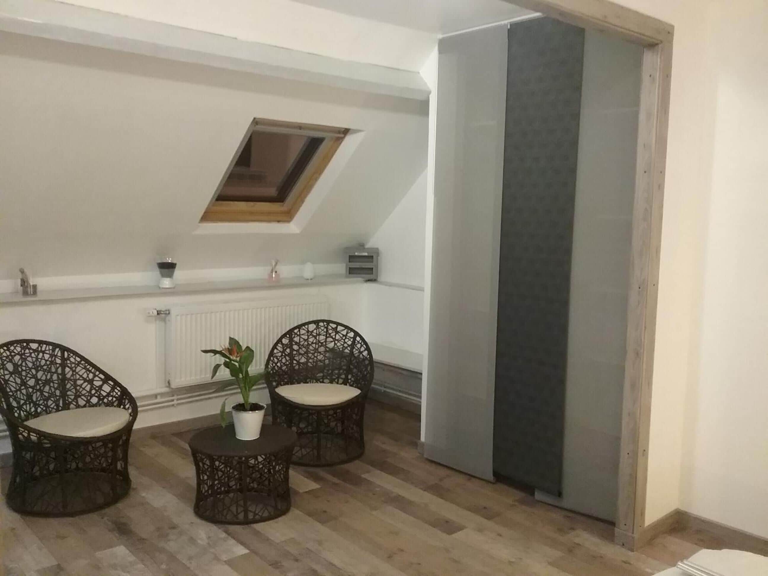 A room with a sloped ceiling, a skylight, a radiator, two wicker chairs, a small round table with a potted plant, and a sliding door.