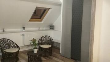 A room with a sloped ceiling, a skylight, a radiator, two wicker chairs, a small round table with a potted plant, and a sliding door.