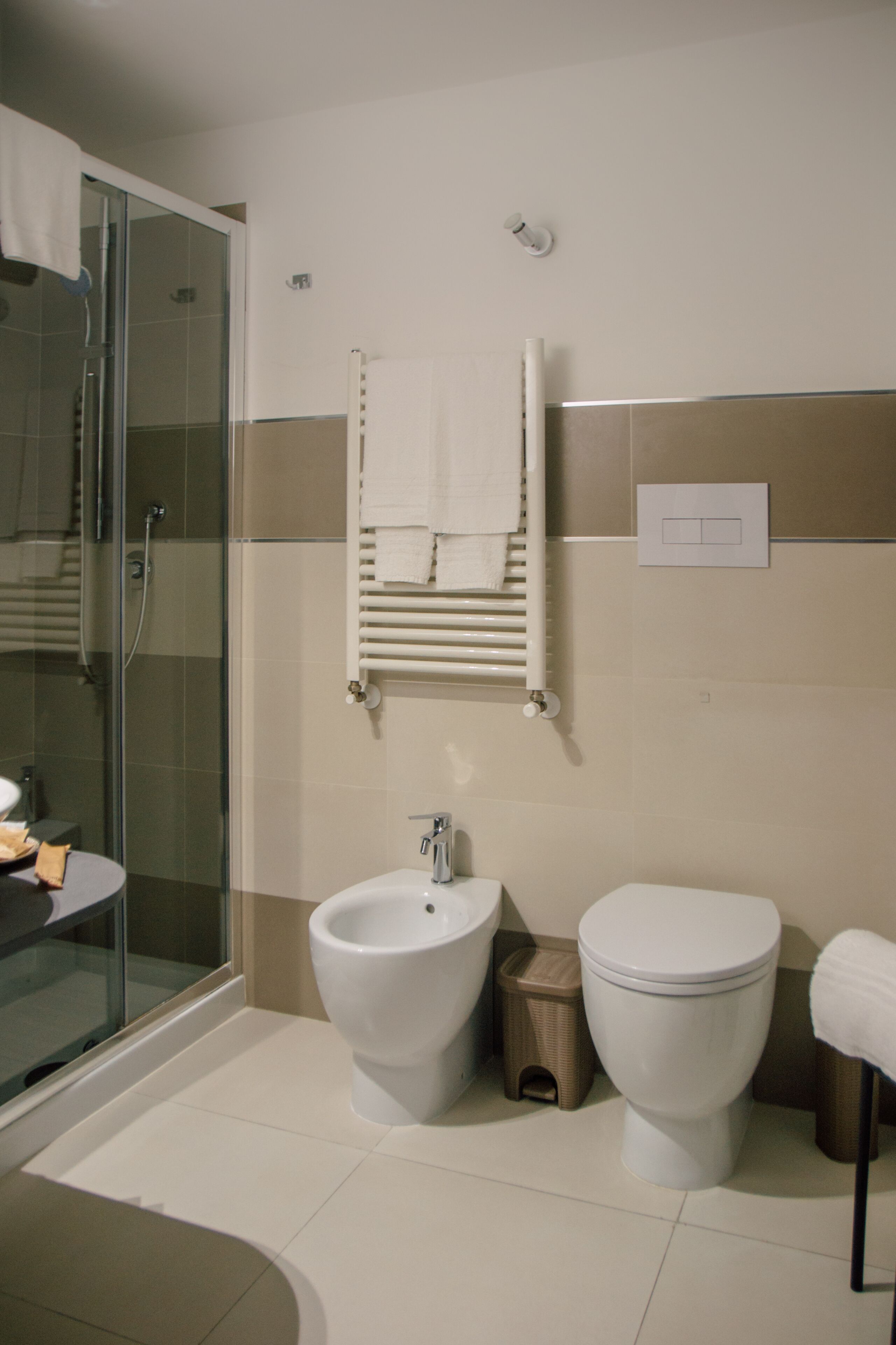 A modern bathroom with a glass shower enclosure, a bidet, a toilet, and a towel rack.