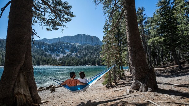 A hammock between two trees overlooking a lake with mountains in the background.