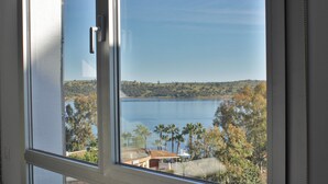 A view through a window of a lake with surrounding trees and a distant shoreline. - Apartamentos Embalse de Orellana (Orellana la Vieja)
