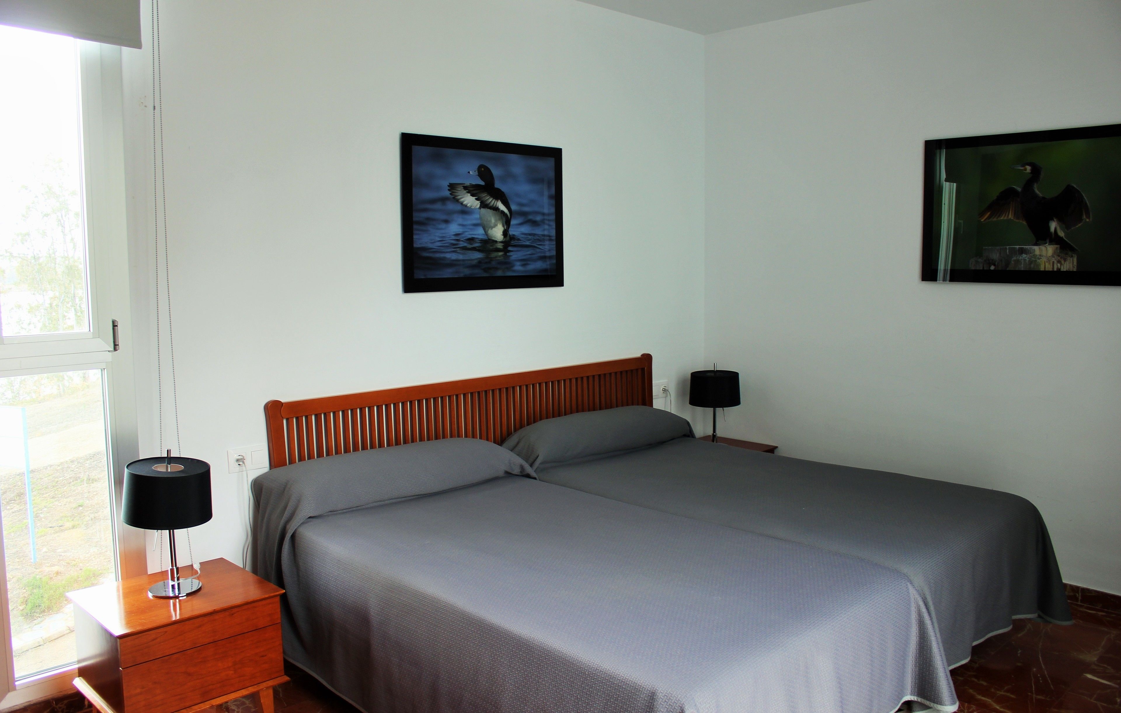 A bedroom with two beds, a nightstand with a lamp, and two framed pictures on the wall.