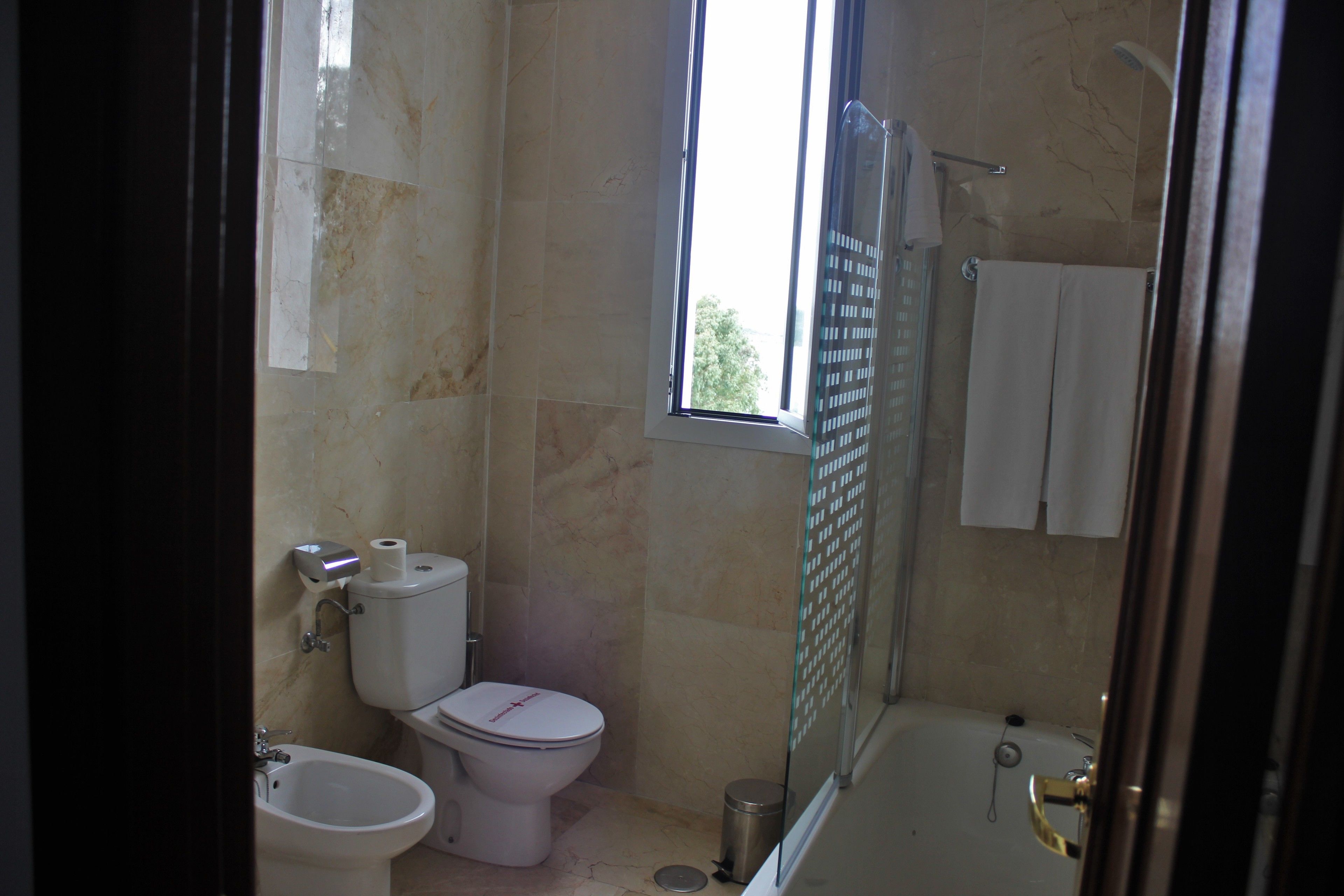 A bathroom with a toilet, bidet, and a shower area.