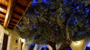 Ein Steinhaus mit Holzdach, einer Treppe zu einer oberen Ebene und einem großen Baum in der Mitte.
