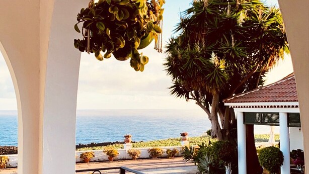 Een balkon met een hangplant, uitzicht op de zee, en een pergola met potplanten.