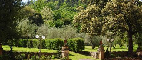 A well-maintained garden with a stone pathway, neatly trimmed hedges, and lamp posts.