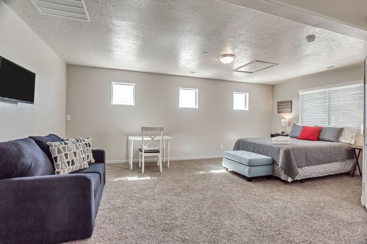 A bedroom with a bed, a desk, a chair, and a couch.