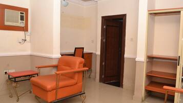 Desk, laptop workspace, blackout curtains, free WiFi