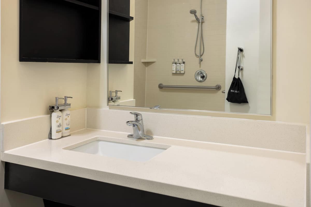 Une salle de bain équipée d’un lavabo, d’un miroir, d’une douche et d’articles de toilette.
