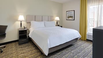 Desk, laptop workspace, blackout curtains, iron/ironing board