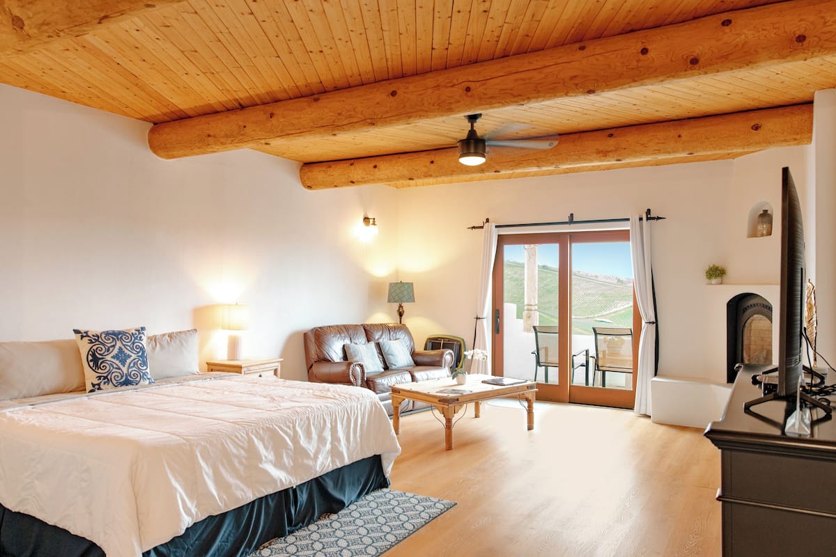A bedroom with a bed, a sofa, a coffee table, a TV, and a fireplace.