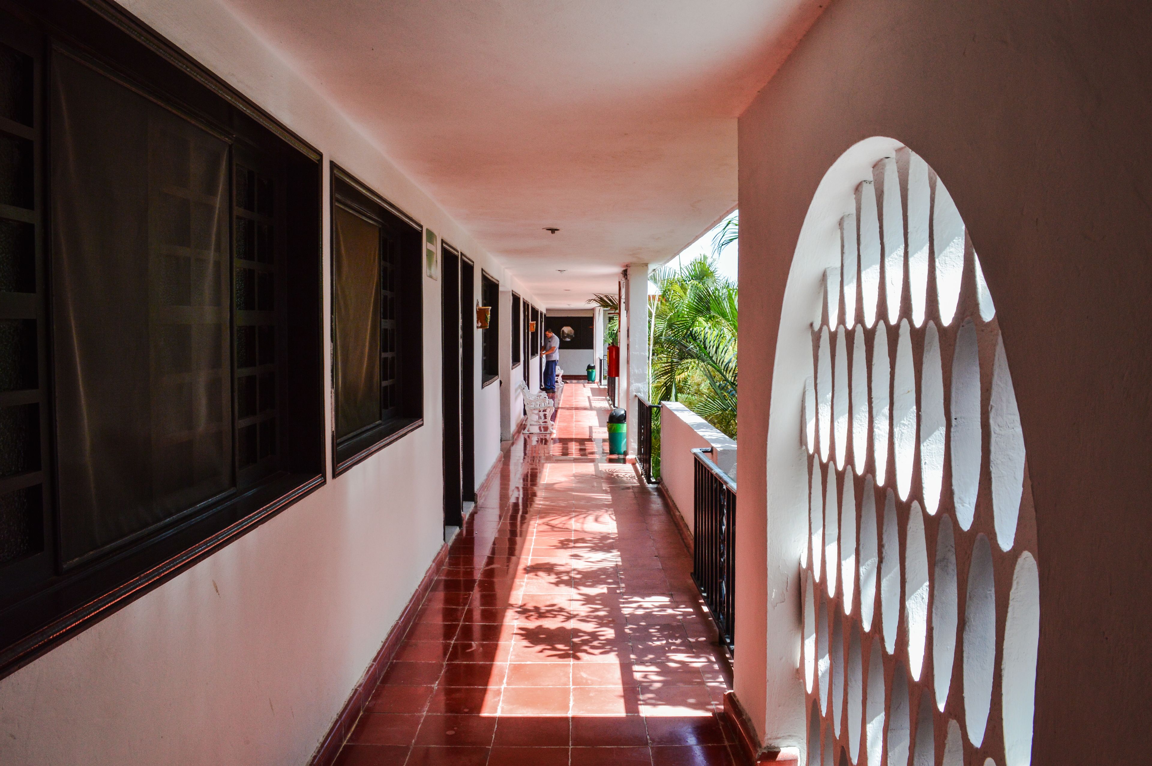 A corridor with a tiled floor, large windows, and a decorative wall.