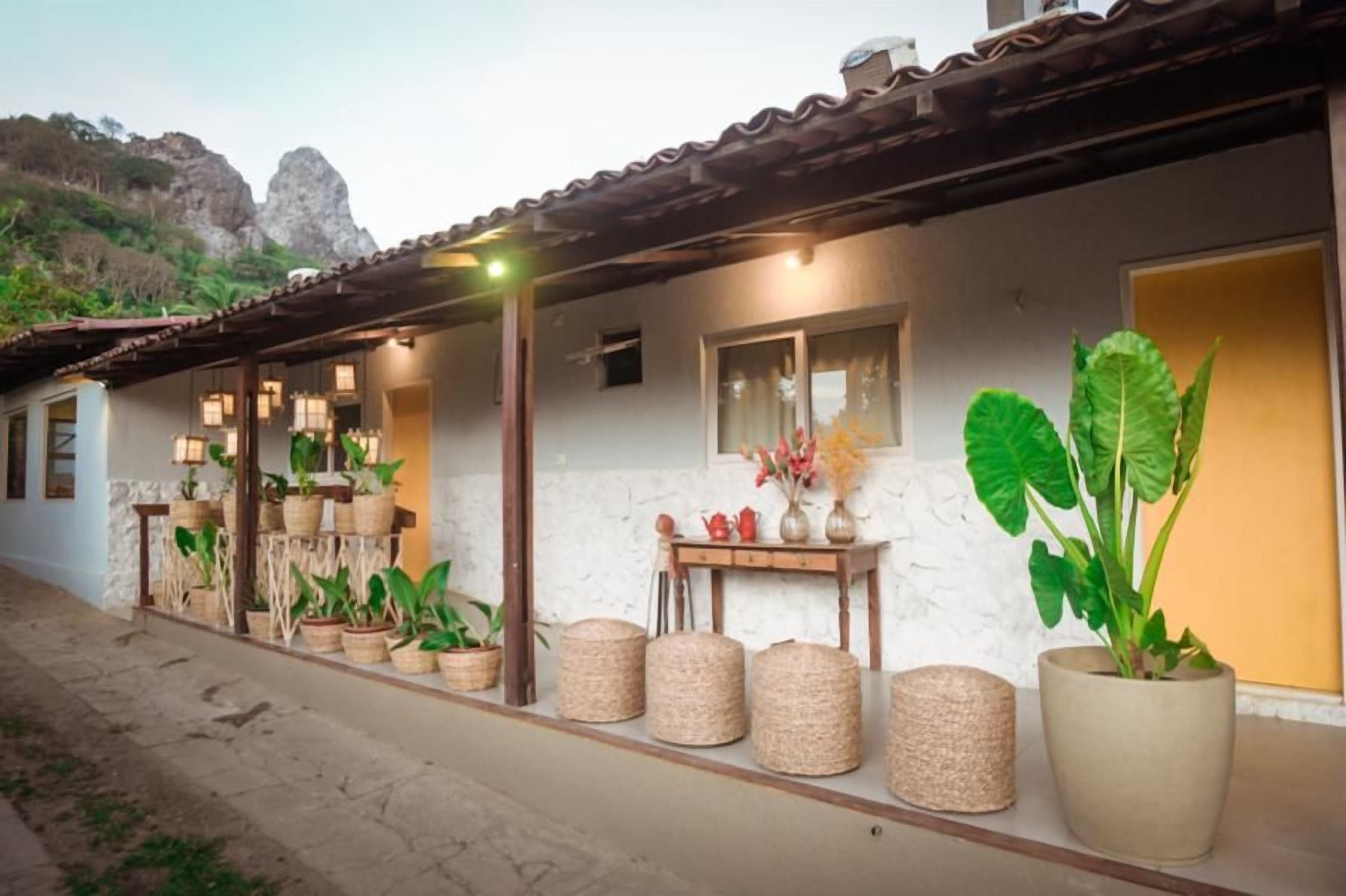A building with a tiled roof, a stone pathway, and various potted plants.