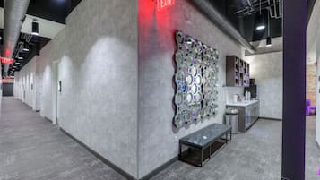 A modern interior with a grey wall, a bench, and a wall-mounted mirror display.