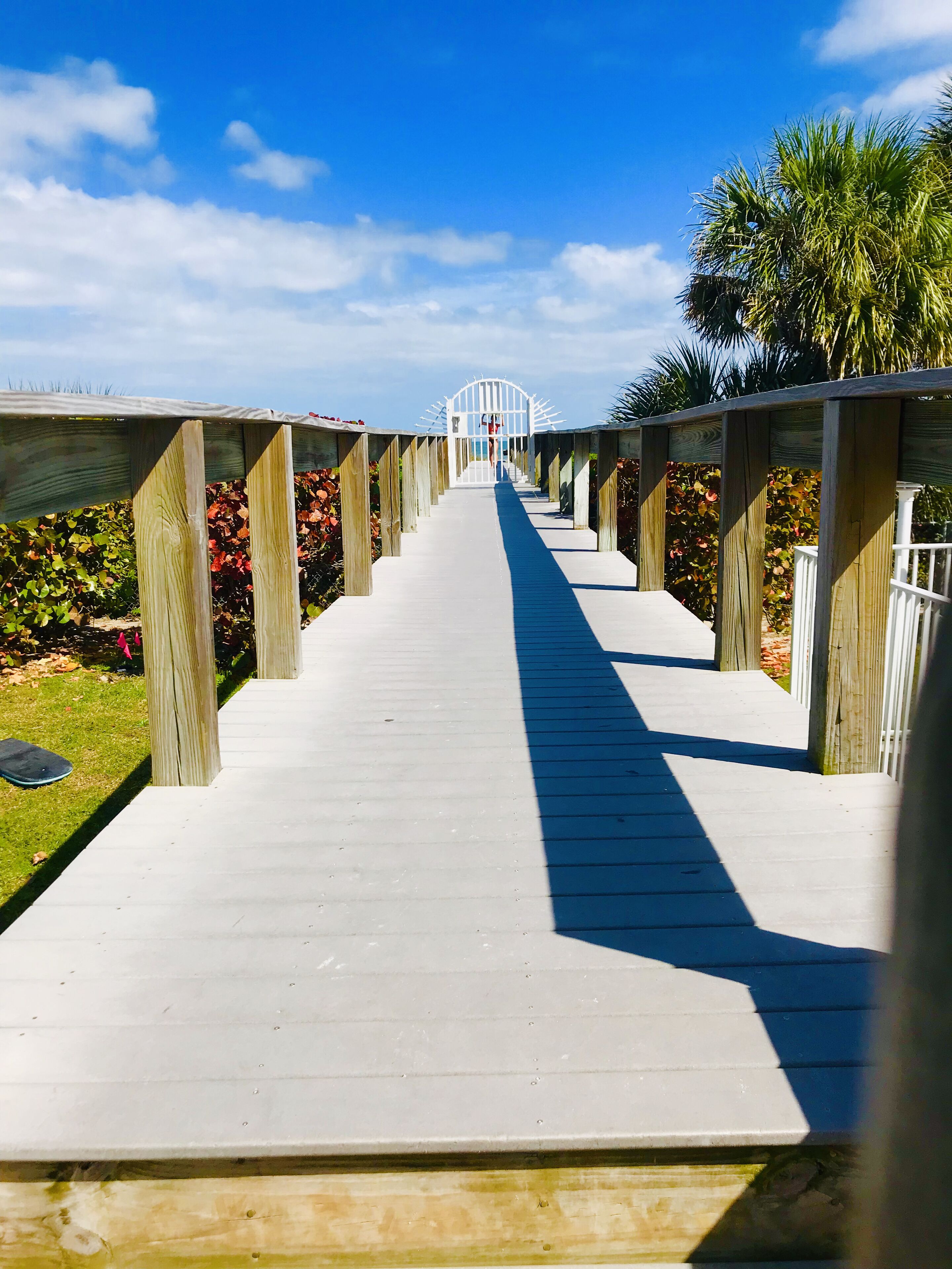 A wooden boardwalk leading to a white gate, surrounded by greenery and palm trees.