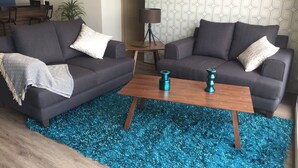 A living room with two grey sofas, a wooden coffee table, and a blue shag rug.
