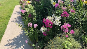 A garden with a variety of flowers in front of a house with a porch. - 42 acres with Dramatic Mtn. Views...Close to Appalachian Trail (Bakersville)