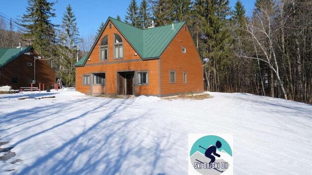 Eine Holzhütte mit grüner Dachdeckung, umgeben von Schnee und Bäumen.