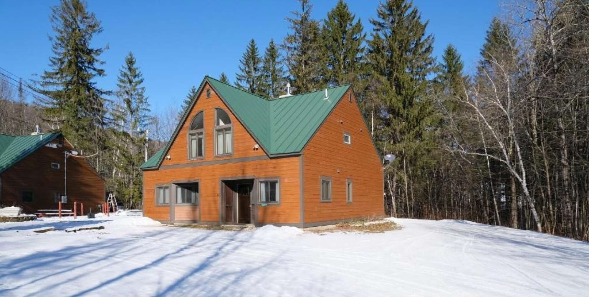 Une cabane en bois avec un toit vert, entourée de neige et d’arbres.