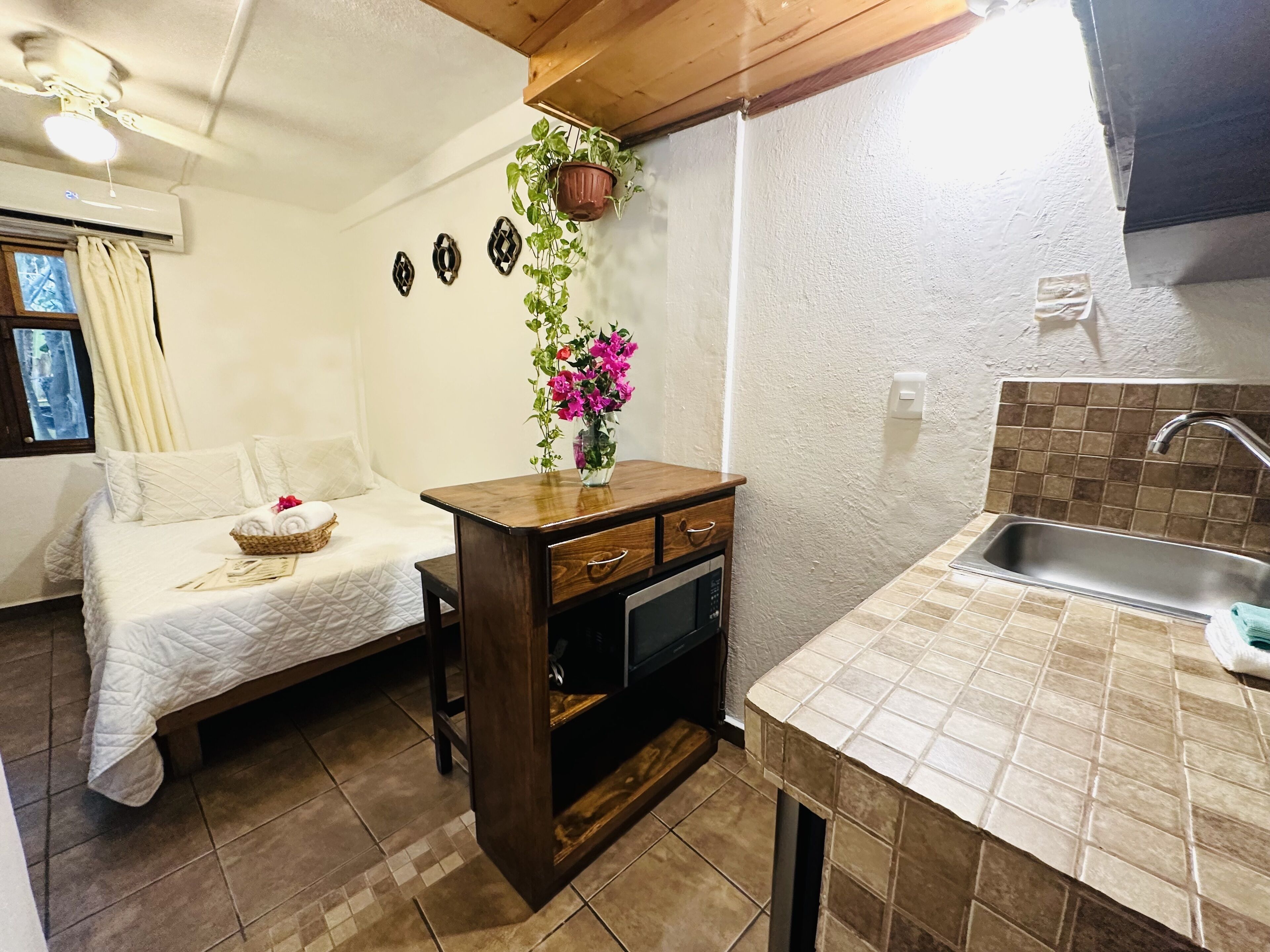 A compact hotel room with a bed, a small wooden desk, a sink, and a potted plant.