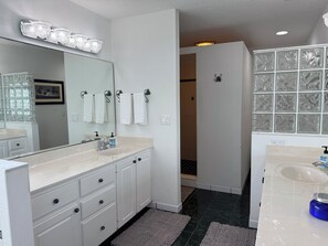 Combined shower/tub, jetted tub, hair dryer, towels