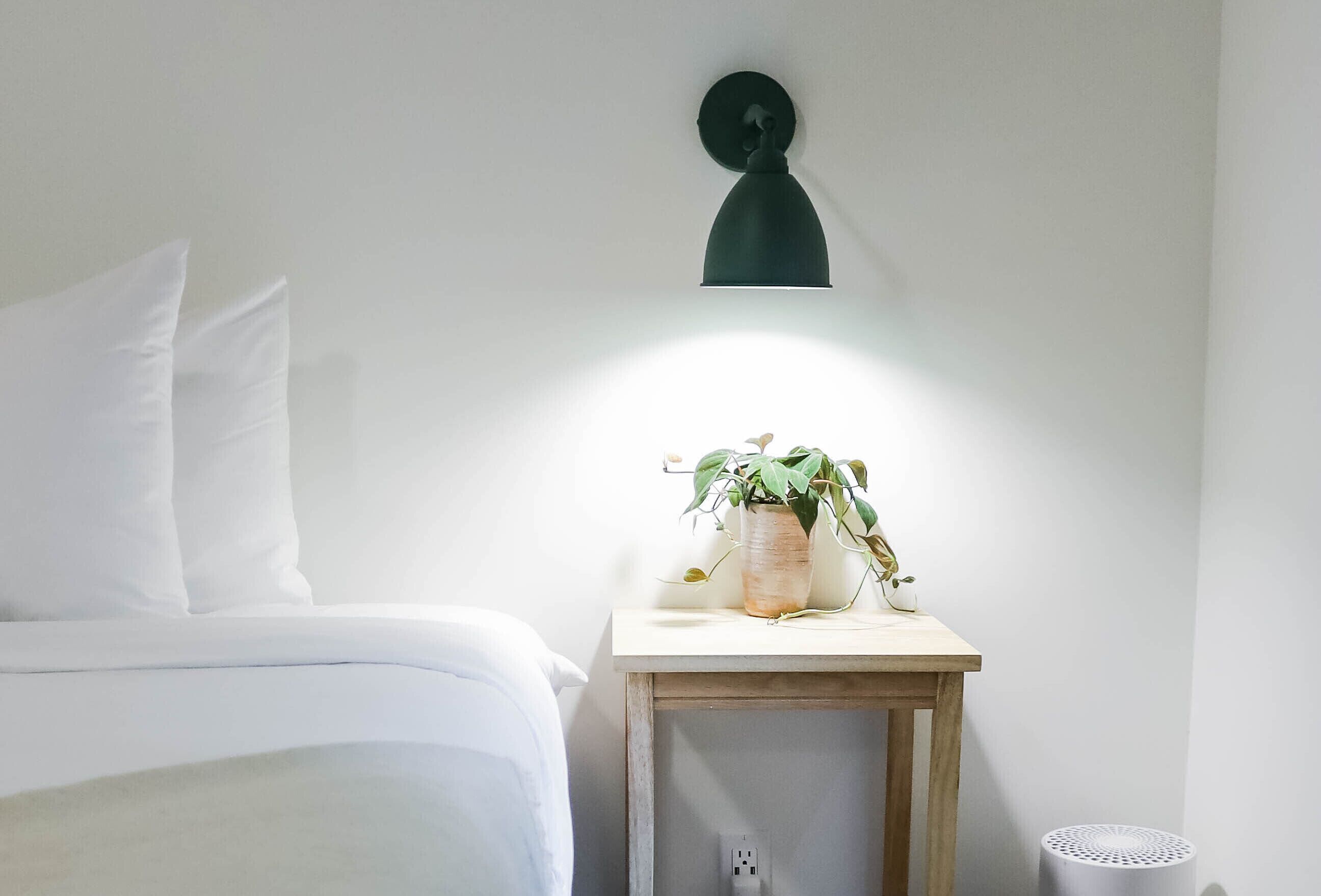 Ein ordentlich bezogenes Bett mit weißer Bettwäsche, ein kleiner Nachttisch mit einem Blumentopf und eine Wandlampe.