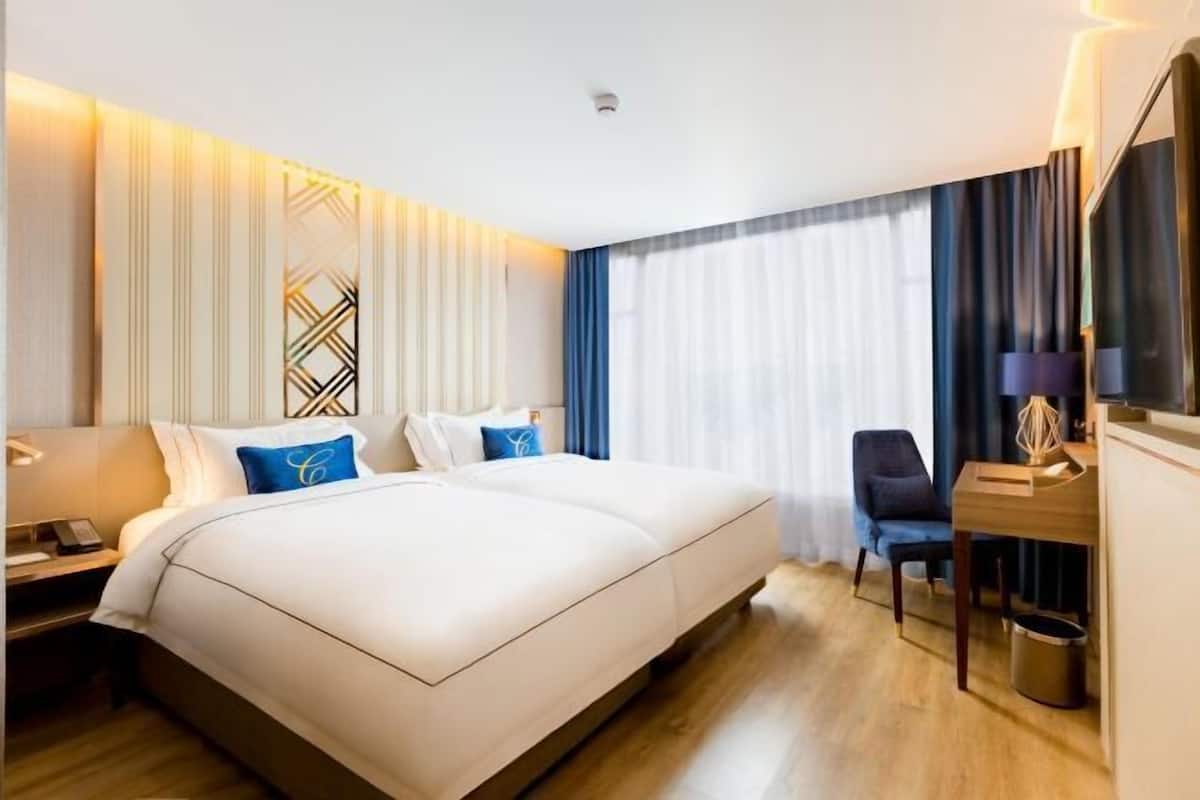 In-room safe, desk, laptop workspace, blackout curtains