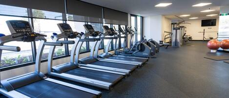 A row of treadmills with digital displays, a weight bench, and exercise balls in a gym with large windows.