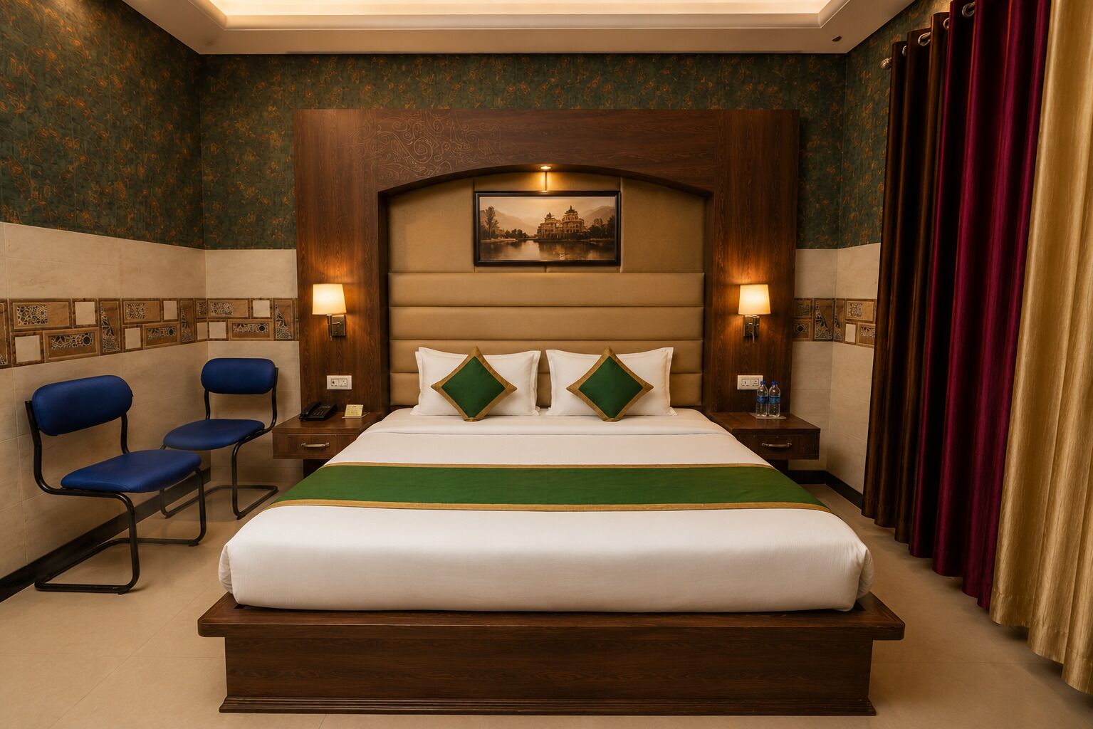 A hotel room with a large bed, two bedside tables, a nightstand, a desk, two chairs, and a view of a building through a window.