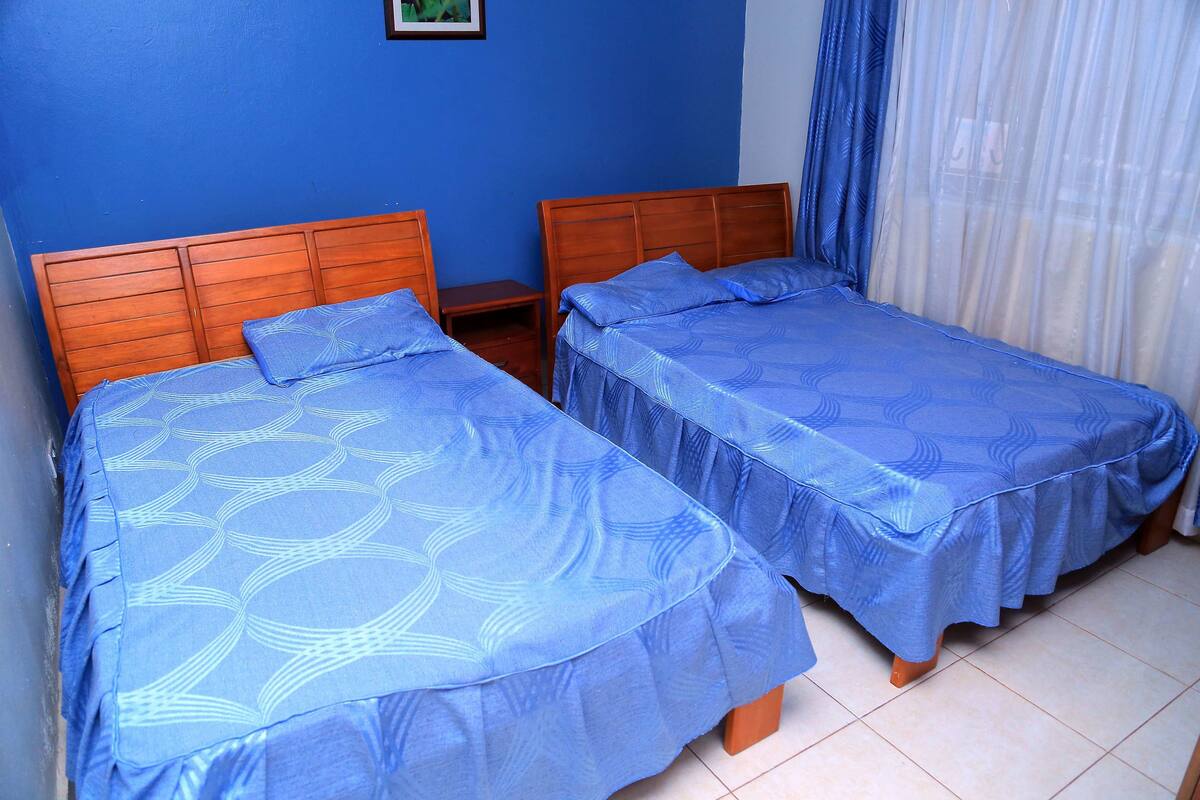Two single beds with wooden headboards, a small bedside table, and a blue wall.