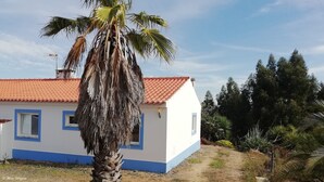 Un edificio blanco con techo rojo y detalles azules, rodeado de palmeras y un sendero de tierra.