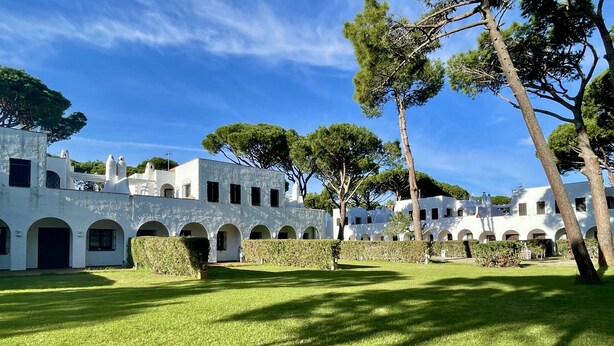 Un cortile con edifici bianchi, erba verde e alberi.