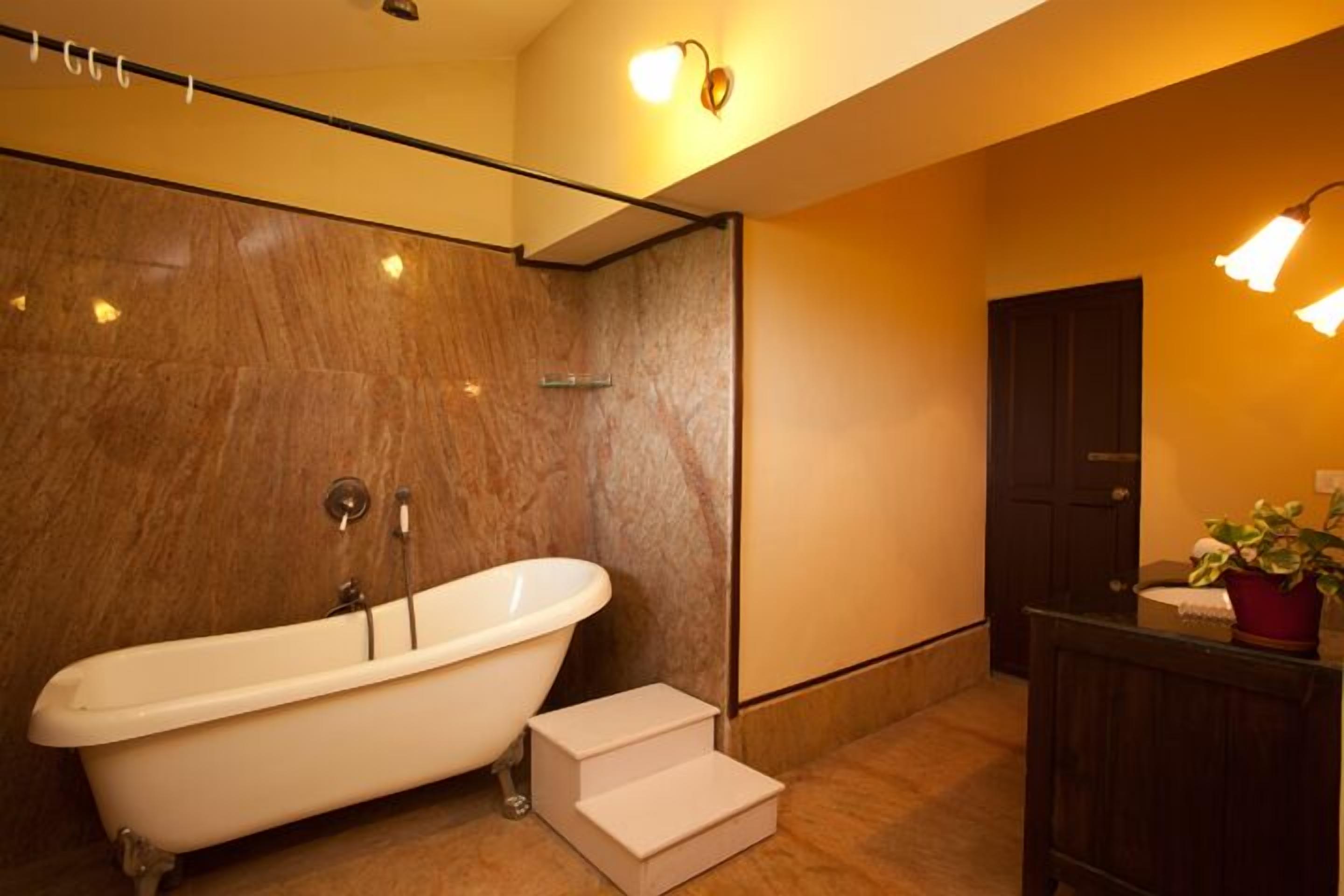 Une salle de bain avec une baignoire sur pieds, un mur en marbre, une porte en bois et un lavabo agrémenté d’une plante en pot.