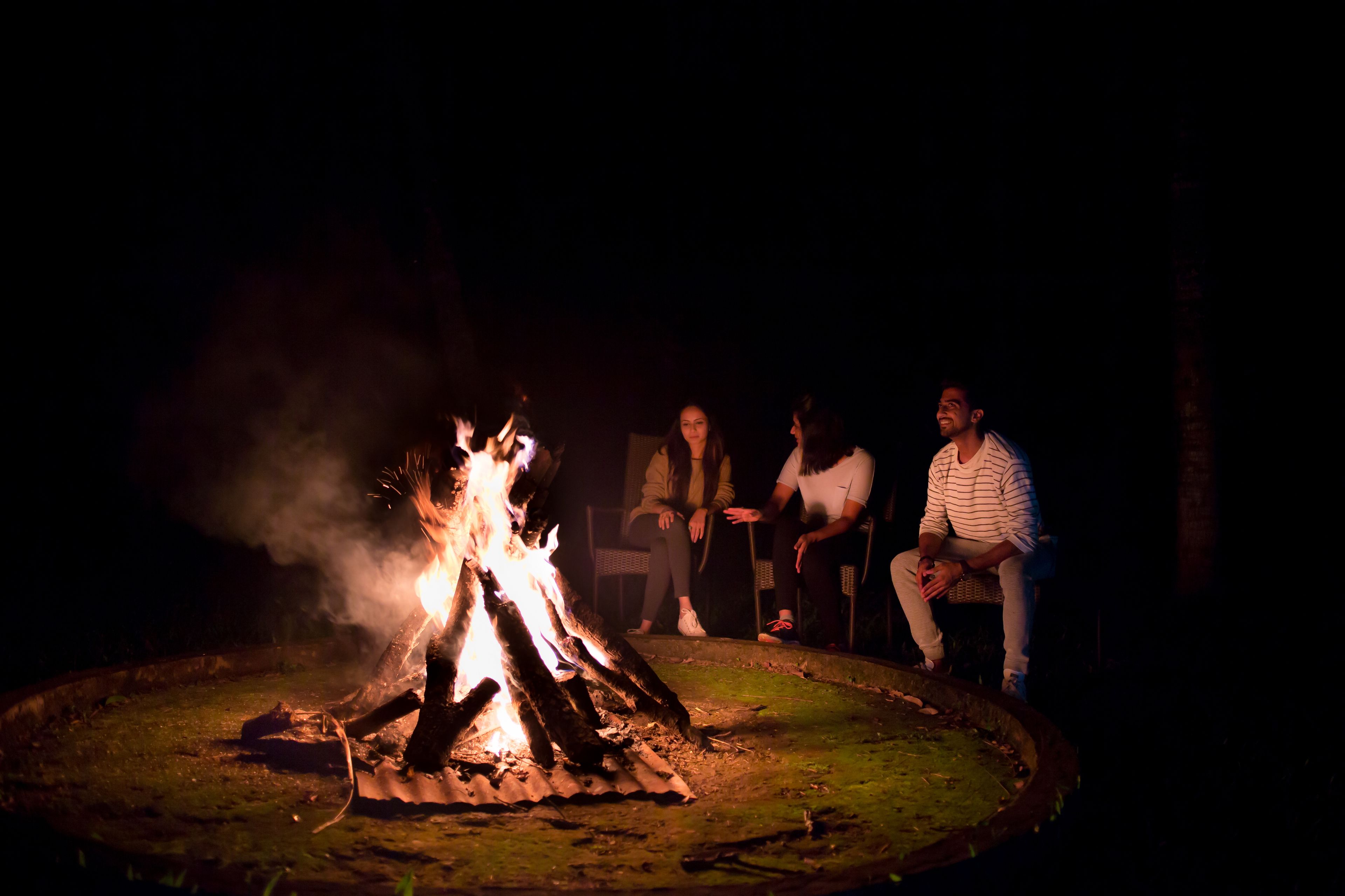 A campfire with logs arranged in a circle, surrounded by a grassy area.