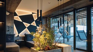 Un intérieur moderne avec un motif géométrique sur un mur, un espace salon et un grand bac à plantes.