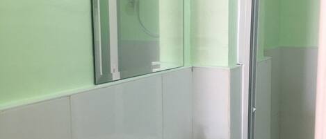 A bathroom with a white sink, a glass shower enclosure, and green walls.