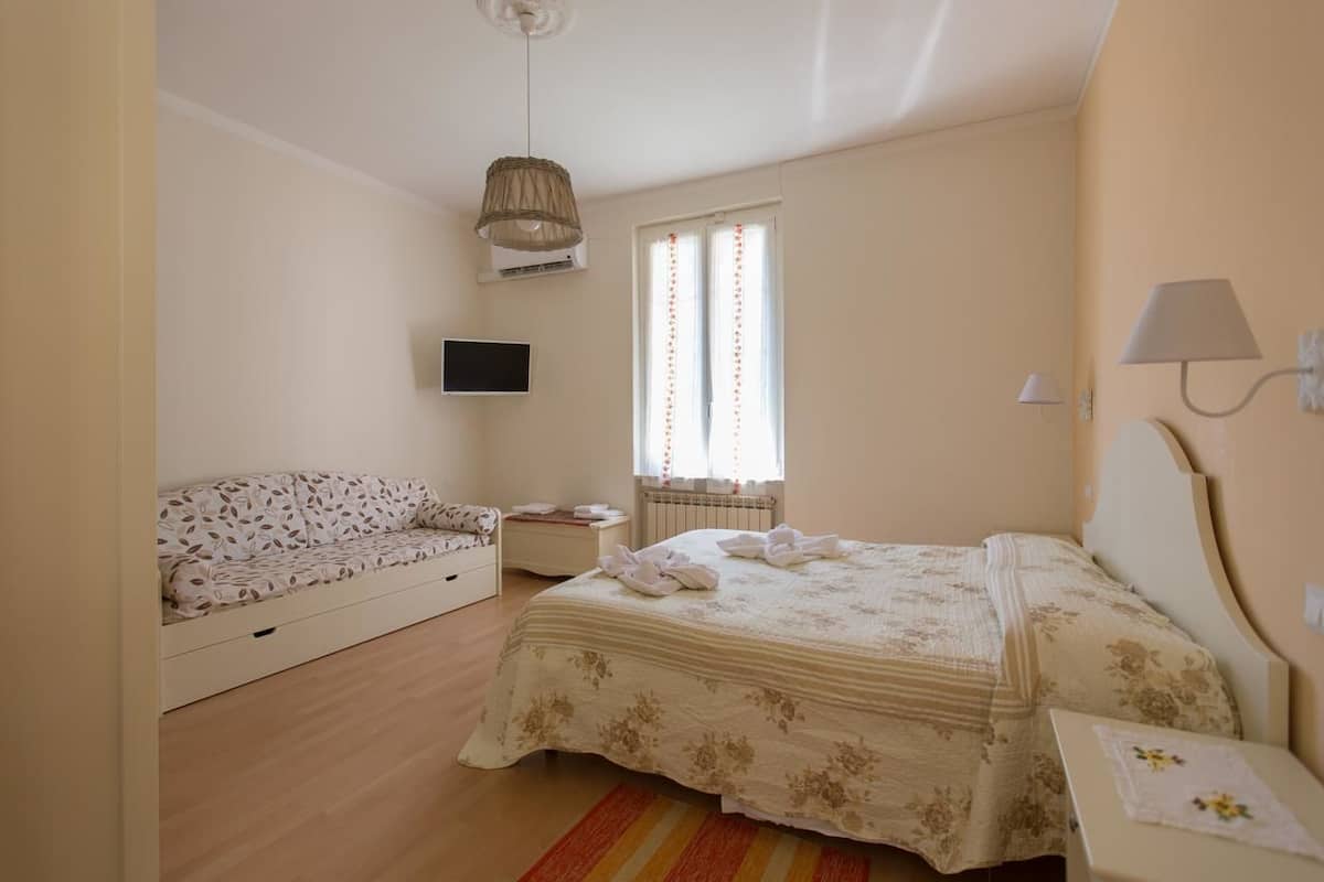Ein Schlafzimmer mit einem Bett, einer Couch, einem Fernseher, einem Fenster mit Vorhängen und einer Lampe.