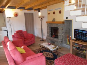 TV connectée, cheminée, livres