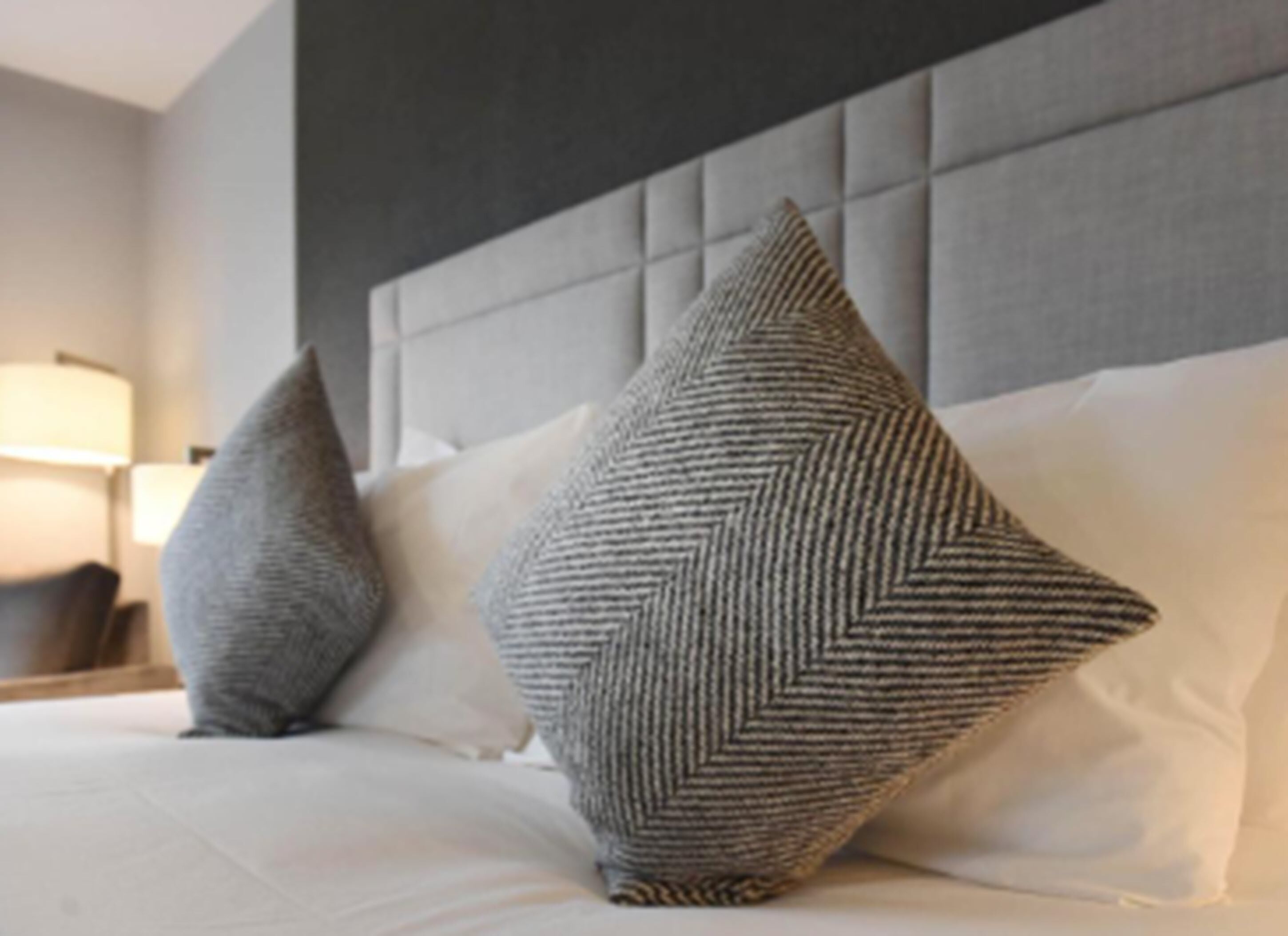 Una cama con dos almohadas, cabecera y una lámpara al fondo.