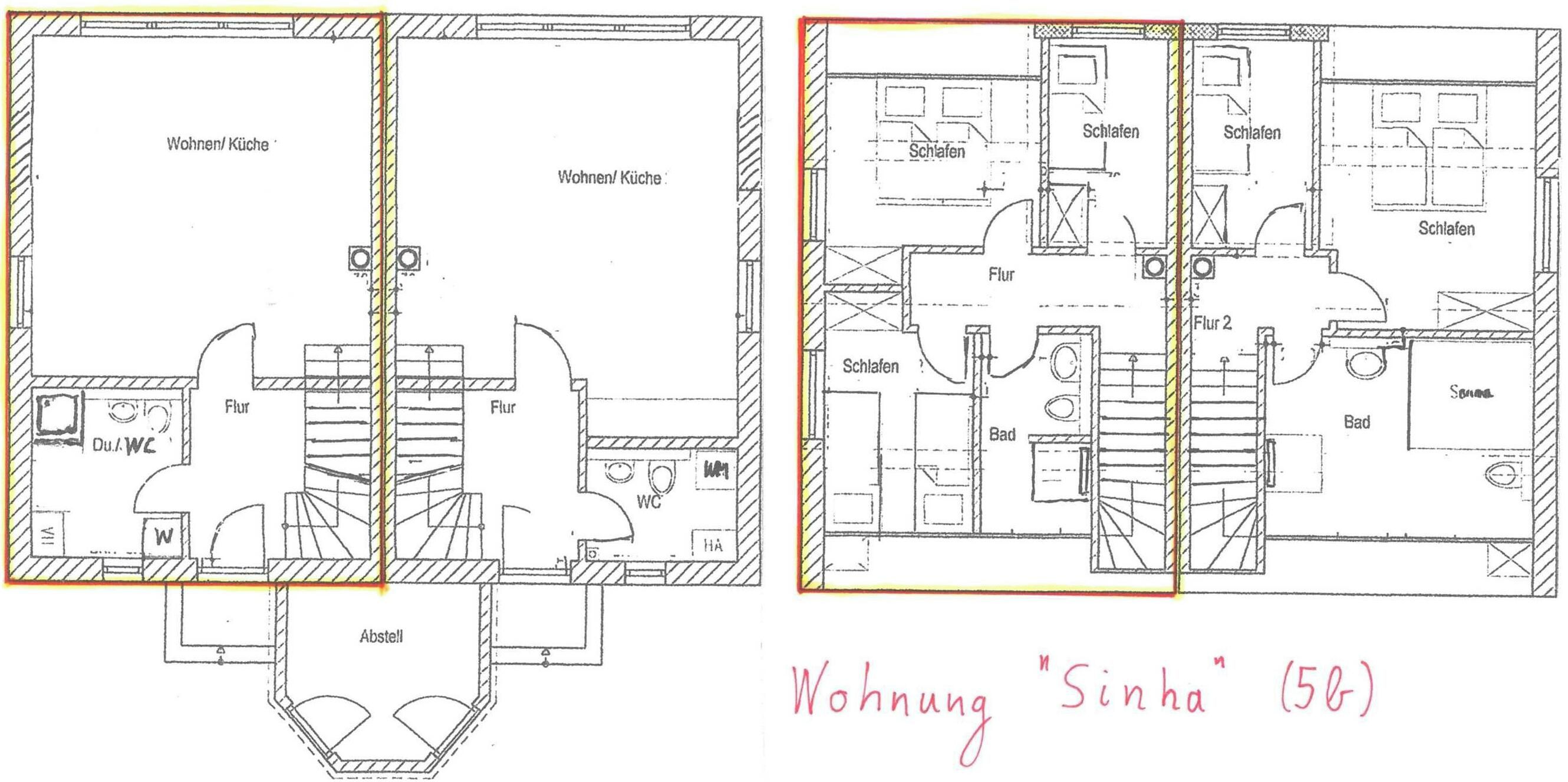 Floor plans of a building with multiple rooms labeled as 'Wohnen/Küche' and 'Schlafen'.