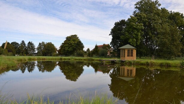 A tranquil pond with a wooden structure reflecting in the water, surrounded by lush greenery and trees. - Ferienwohnung 'Hühnerstall' an der Nordsee (Stadland)