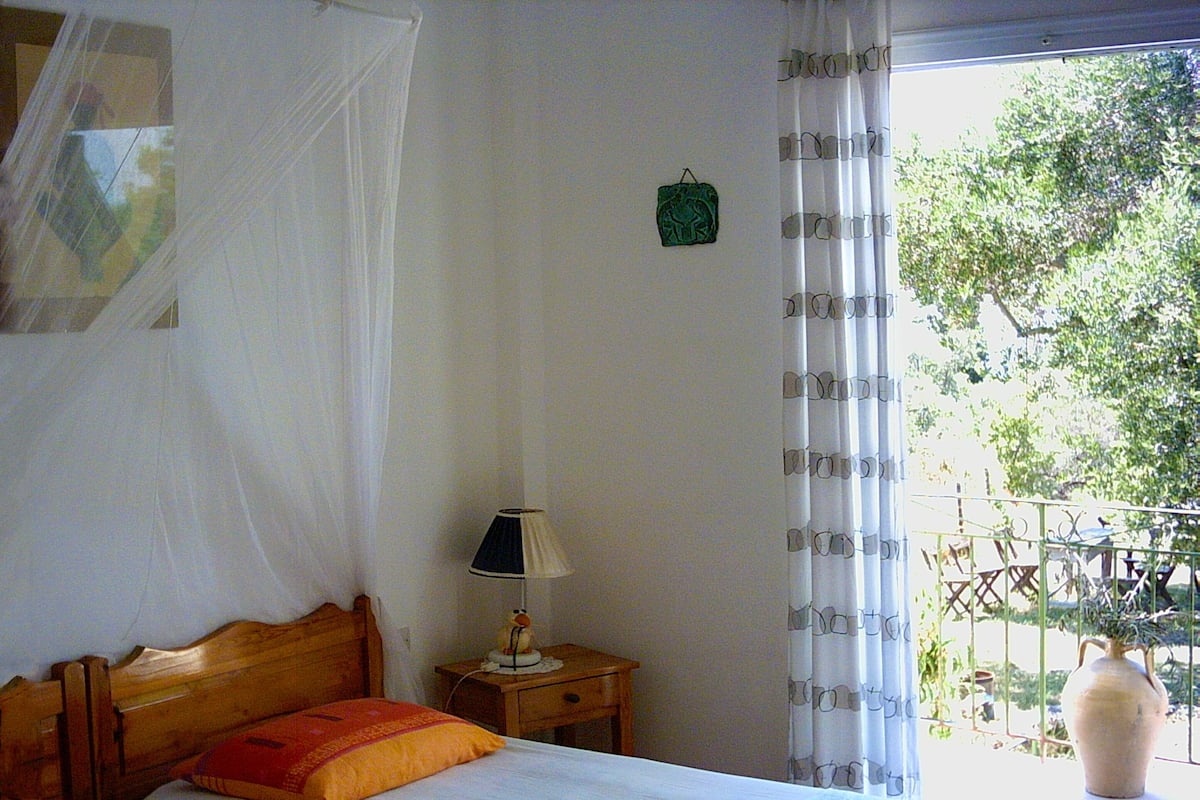 Un dormitorio con dos camas, una mesita de noche, una lámpara, una mosquitera y vistas al exterior.