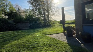 Ein Garten mit Gras, einem hohen Baum, einem Backsteinhaus und einem Blumentopf.