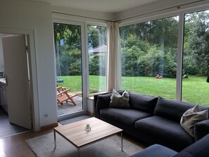 TV, lareira, livros, aparelho de som